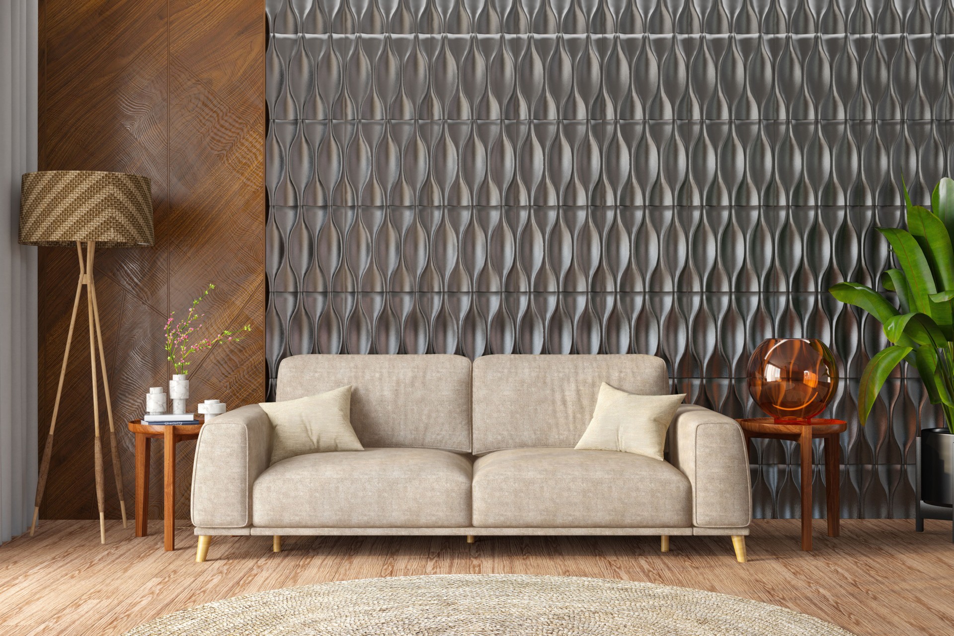 Modern Living Room Interior with Sofa and Wall Panel