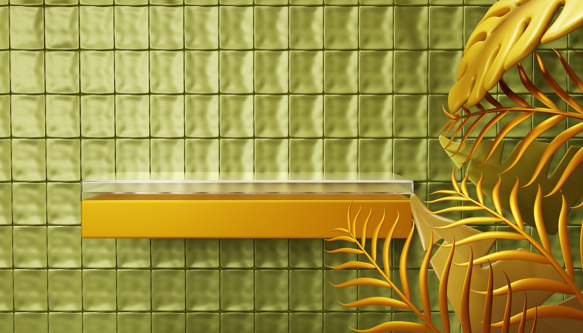 Gold glass shelf on green wall with square tile pattern and tropical golden palm leaf 3d render background. Luxury modern bathroom interior with empty product podium display mockup