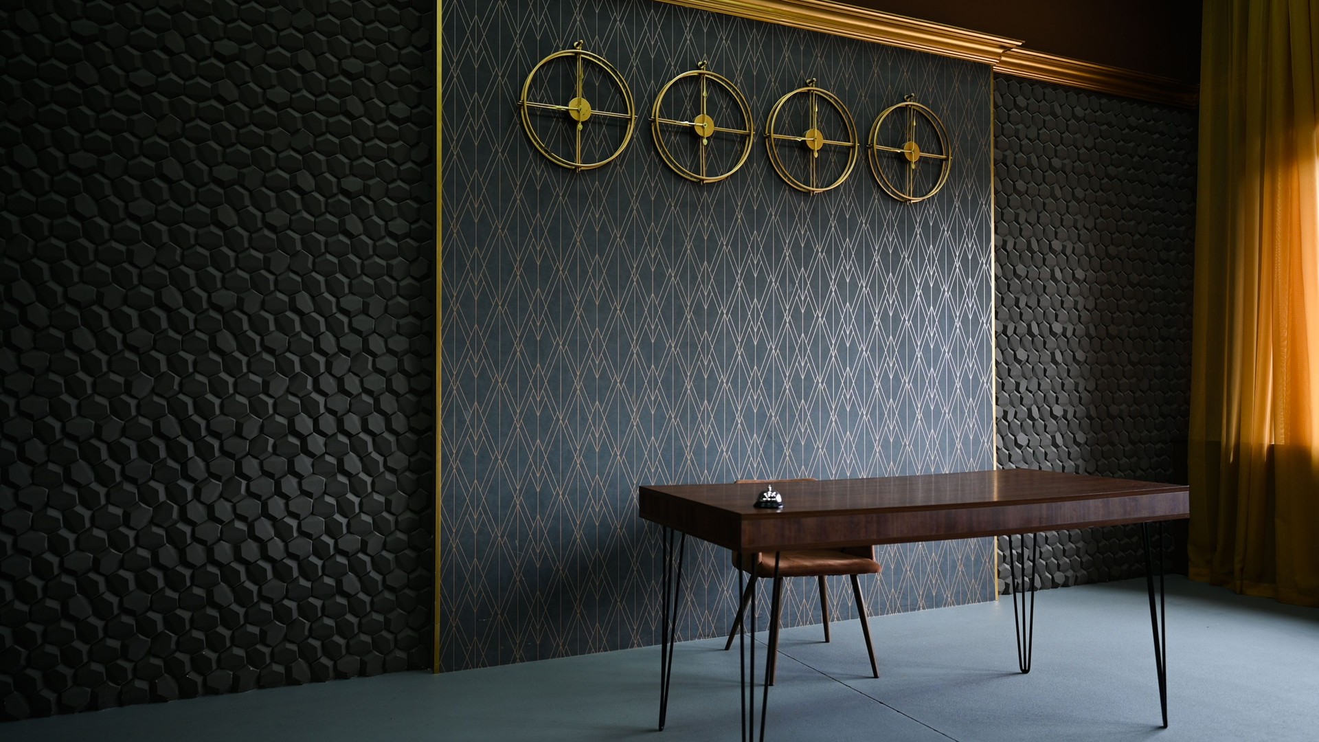 Modern interior design with geometric wallpaper and hexagonal tiles