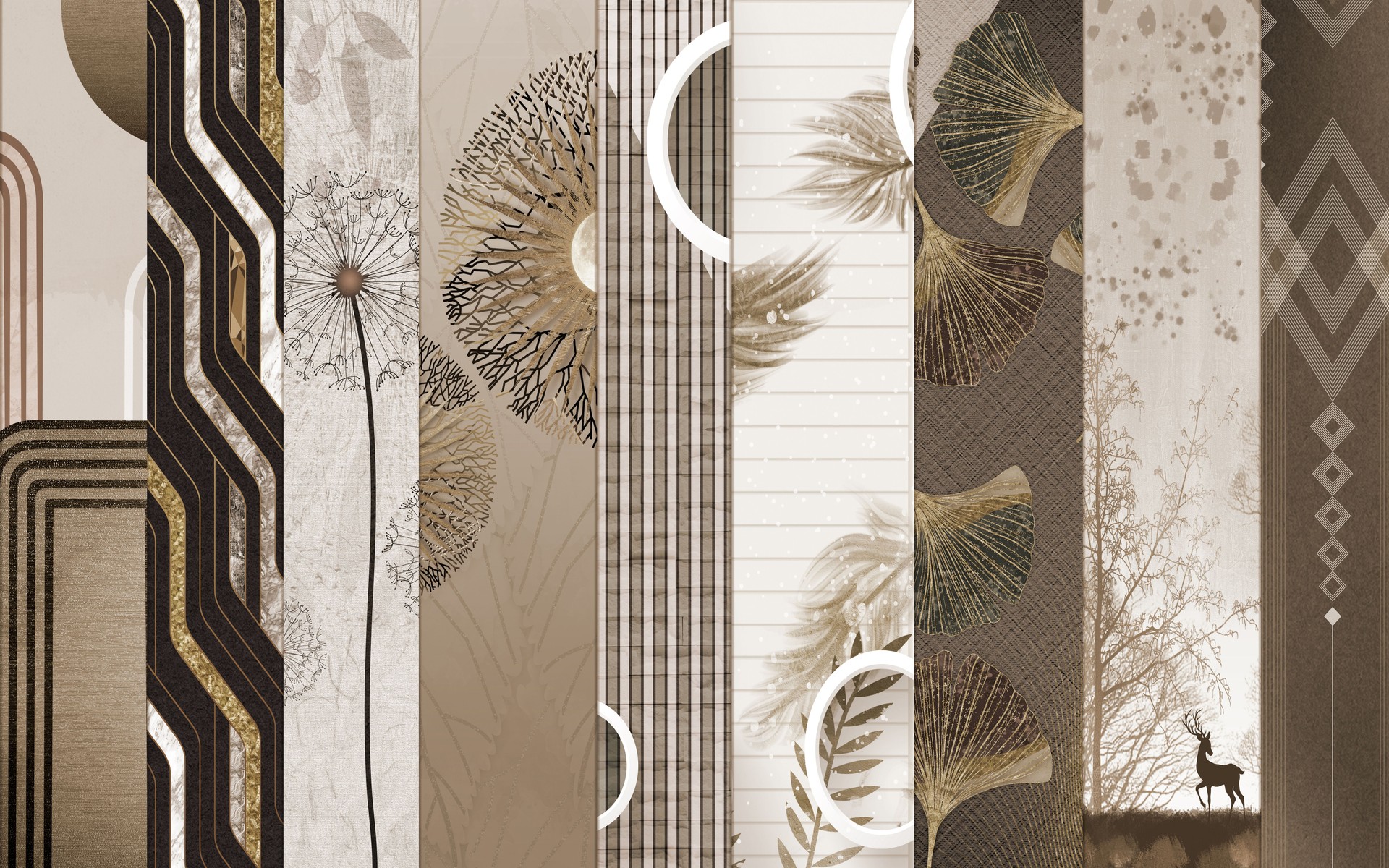 3d mural set of collection multi-design wallpapers. pattern and geometric and lines shapes. leaves, ginkgo deer and dandelion on brown background. interior wall home classic wallpaper decoration