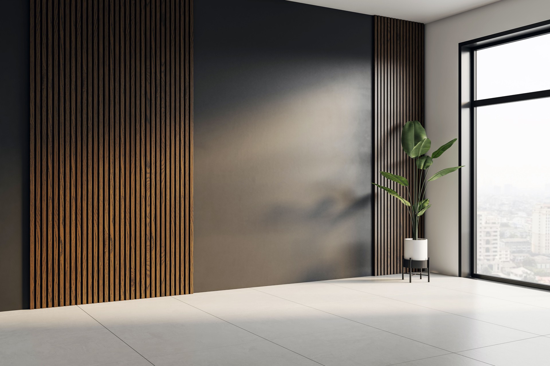 Modern empty interior corner with dark accent wall, wood paneling and city view through large window in contemporary office or gallery space. 3D Rendering